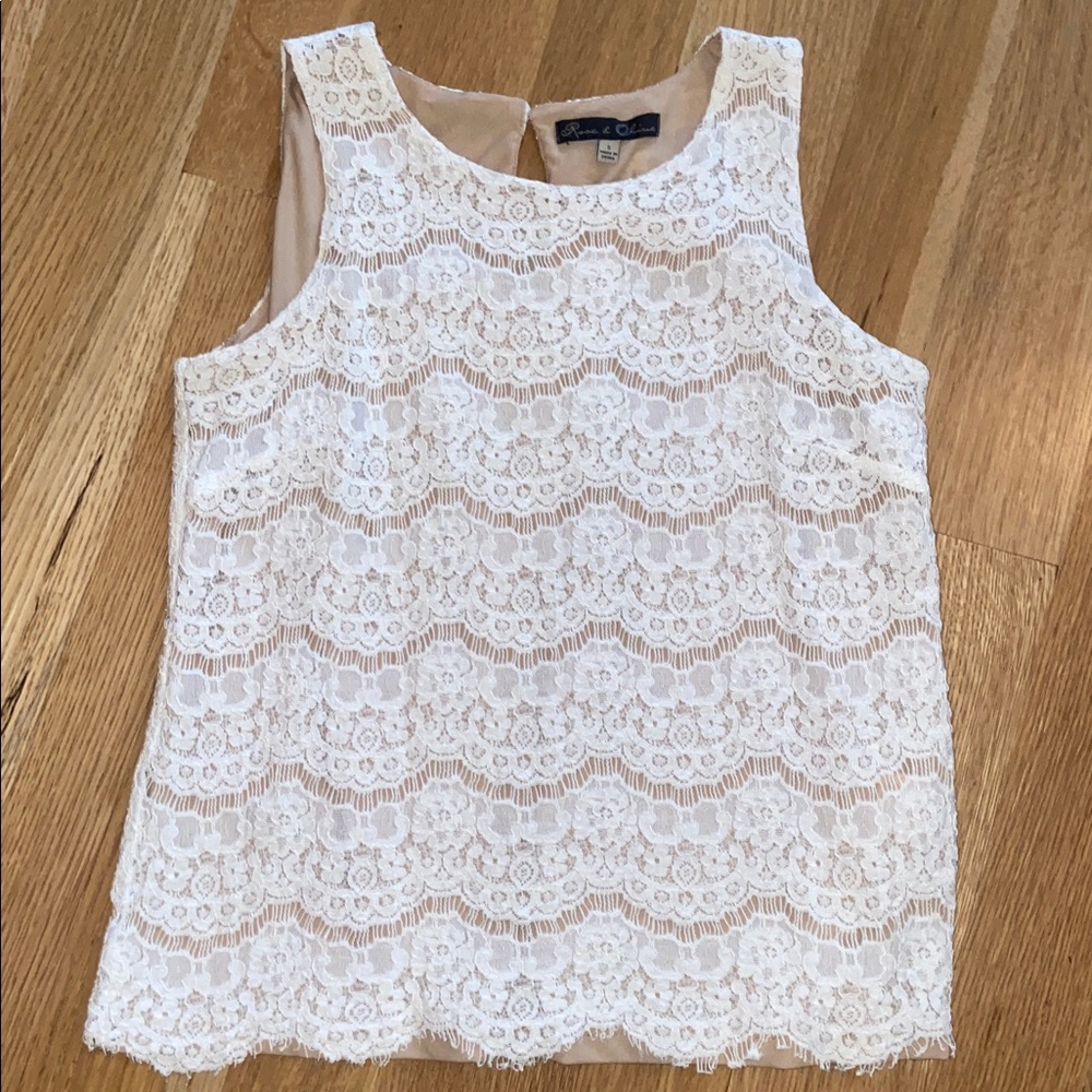 Rose & Olive Cream Ornate Dressy Lace Tank Top Blouse with Nude Lining